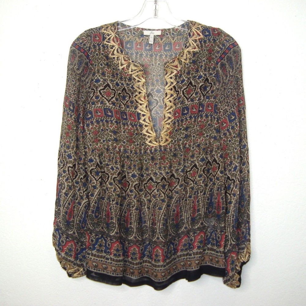 JOIE Silk Janette Semi-Sheer Boho Peasant Blouse Gold Embroidered Size XS